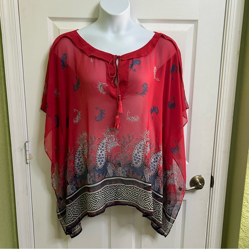 Lane Bryant Chiffon Oversized Shirt Red Blue White Geometric Party Sz 18/20